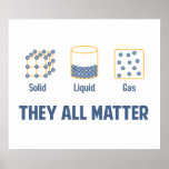 Liquid Solid Gas - They All Matter Poster<br><div class="desc">Liquid,  solid,  gas... they all matter!  Equal opportunity science,  don't let one form of matter get special treatment.  Funny,  geeky joke for chemistry,  physics,  or any kind of science teacher or scientist!</div>