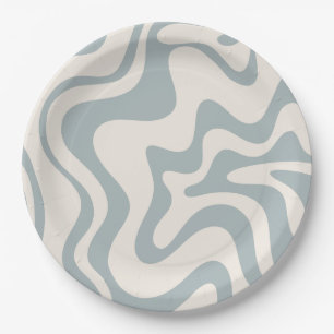 Liquid Swirl Abstract Pattern Blue-Grey and Cream Paper Plate