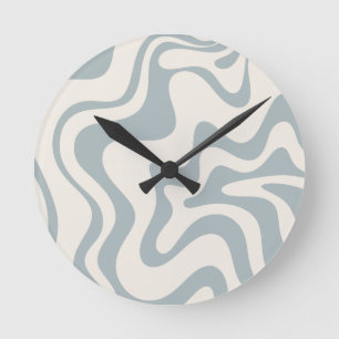 Liquid Swirl Abstract Pattern Blue-Grey and Cream Round Clock