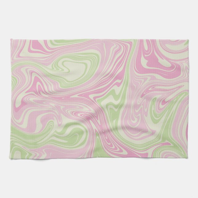 Liquid Swirl Green Pink Pattern Tea Towel (Horizontal)