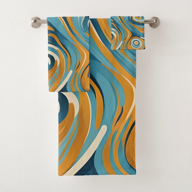 Liquid Swirl Ochre Blue Trippy Pattern Bath Towel Set (Insitu)