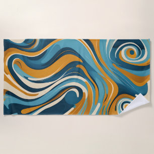 Liquid Swirl Ochre Blue Trippy Pattern Beach Towel