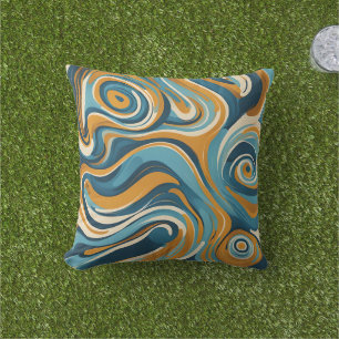 Liquid Swirl Ochre Blue Trippy Pattern Cushion
