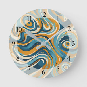 Liquid Swirl Ochre Blue Trippy Pattern Round Clock