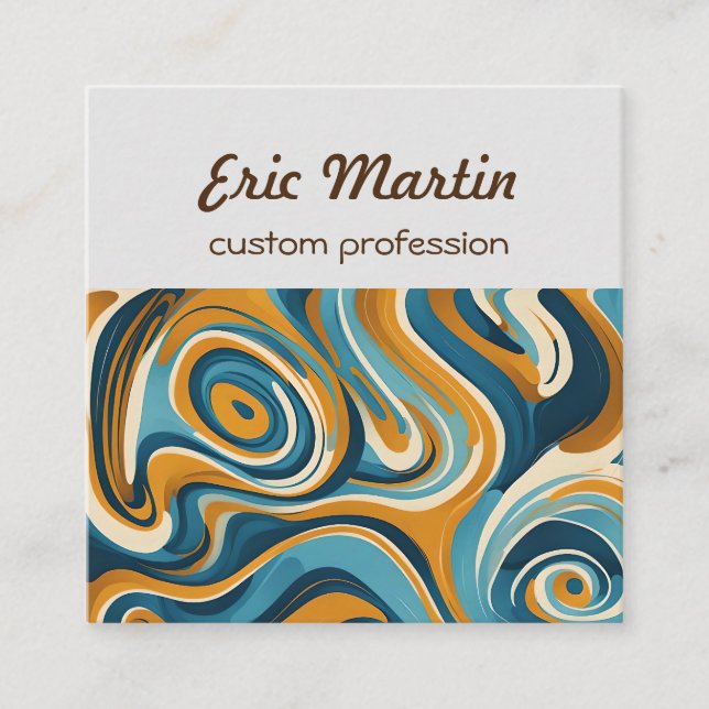 Liquid Swirl Ochre Blue Trippy Pattern Square Business Card (Front)