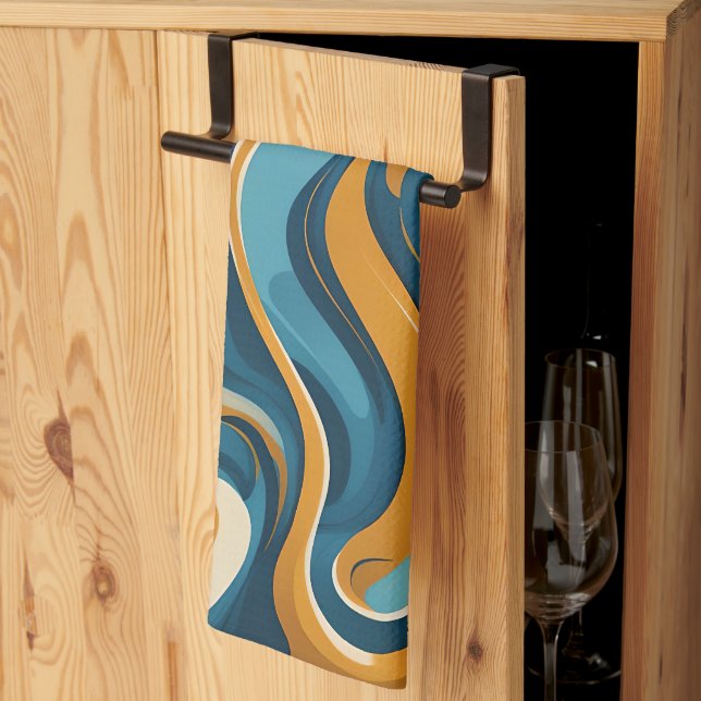 Liquid Swirl Ochre Blue Trippy Pattern Tea Towel (Thirds Fold)