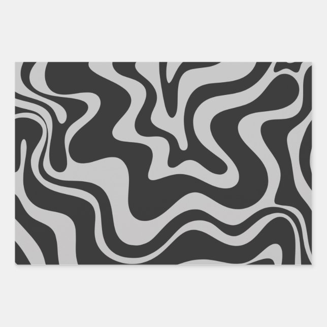 Liquid Swirl Retro Abstract Pattern Black and Grey Wrapping Paper Sheet (Front)