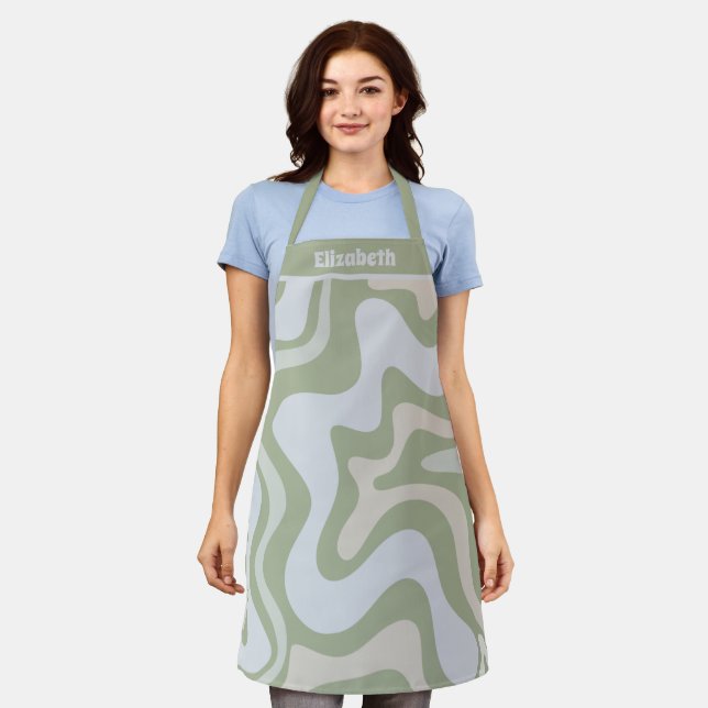 Liquid Swirl Retro Abstract Pattern Sage with Name Apron (Worn)