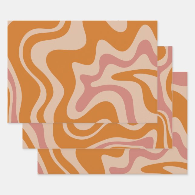 Liquid Swirl Retro Vibe Orange and Dusky Pink Wrapping Paper Sheet (Set)