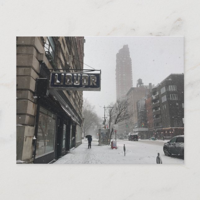 Liquor Store Columbus Avenue Winter Snowstorm NYC Postcard (Front)