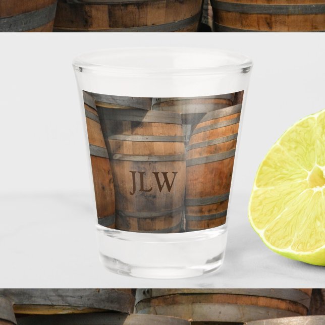 Liquor Wood Barrel Kegs Monogrammed Photographic Shot Glass (Creator Uploaded)
