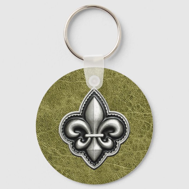 Lis Silver on Green Leather Look flower Key Ring (Front)