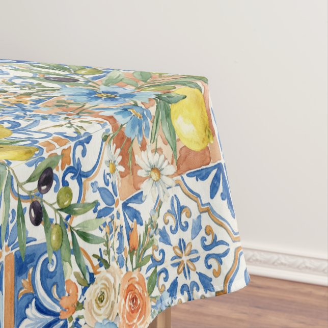 Lisbon Blue Lemon Tile Citrus Home Decor Tablecloth (In Situ)