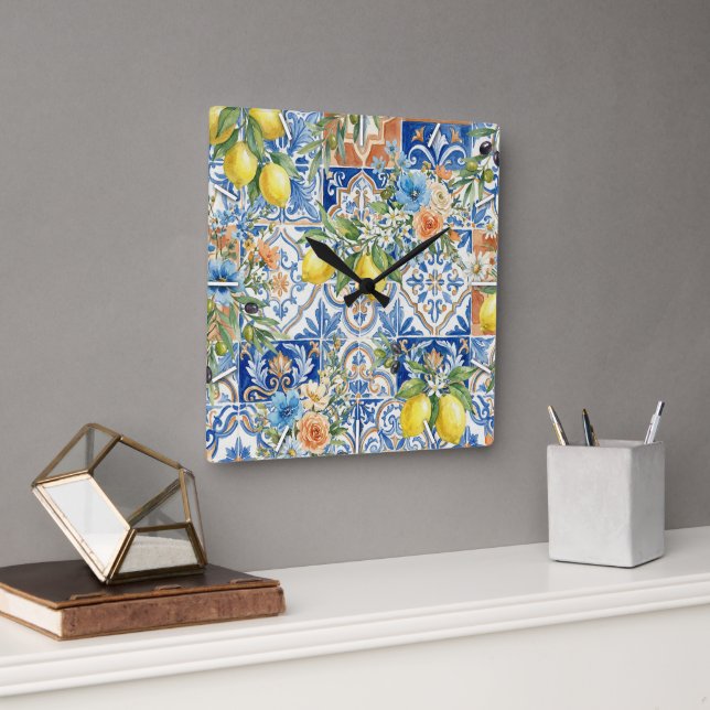 Lisbon Blue Lemon Tile Citrus Kitchen Decor Square Wall Clock (Office)