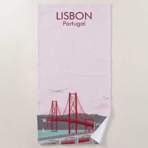 Lisbon bridge over Tagus river in vintage style Beach Towel