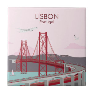 Lisbon bridge over Tagus river in vintage style Ceramic Tile