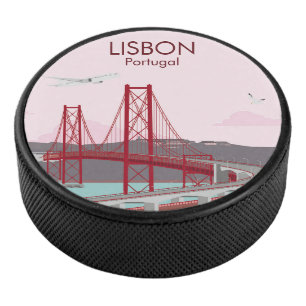 Lisbon bridge over Tagus river in vintage style Hockey Puck