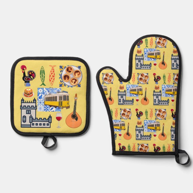 Lisbon City Symbols Oven Mitt & Pot Holder Set (Front)