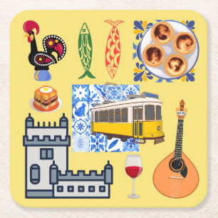 Lisbon City Symbols Square Paper Coaster