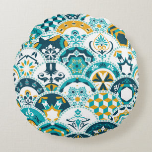 Lisbon geometric Azulejo tile pattern, Portuguese Round Cushion