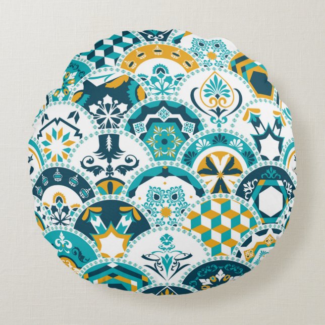 Lisbon geometric Azulejo tile pattern, Portuguese  Round Cushion (Front)