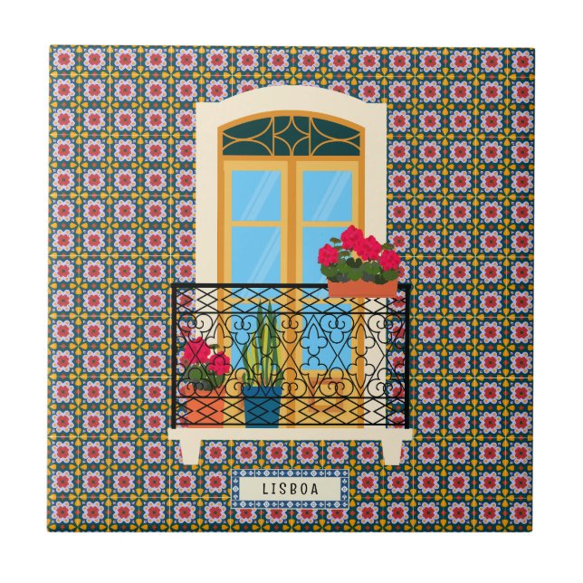 Lisbon house window with plants and tiles (Front)