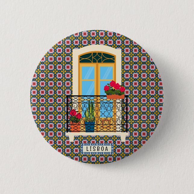 Lisbon house window with plants and tiles 6 cm round badge (Front)