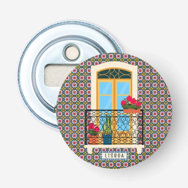 Lisbon house window with plants and tiles bottle opener (Front)