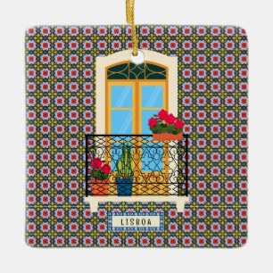 Lisbon house window with plants and tiles ceramic ornament