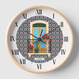 Lisbon house window with plants and tiles clock
