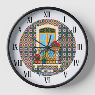 Lisbon house window with plants and tiles clock