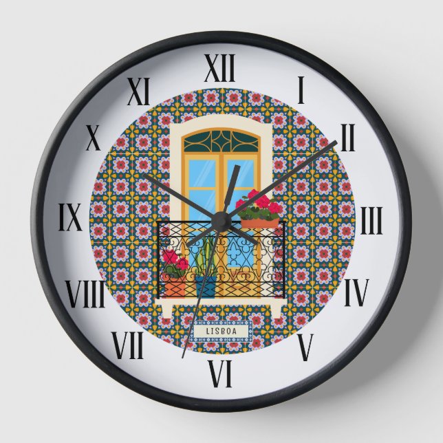 Lisbon house window with plants and tiles clock (Front)