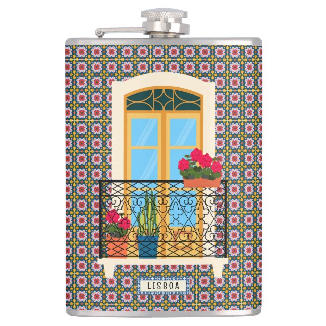 Lisbon house window with plants and tiles hip flask (Front)