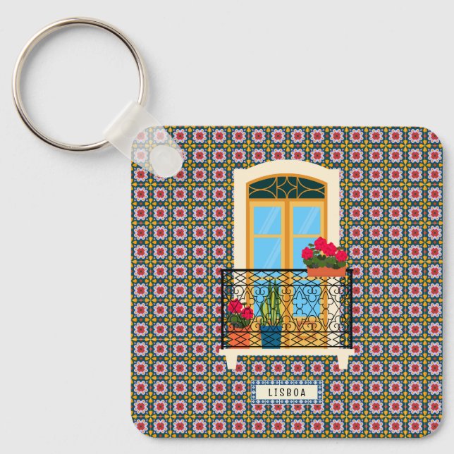 Lisbon house window with plants and tiles key ring (Front)