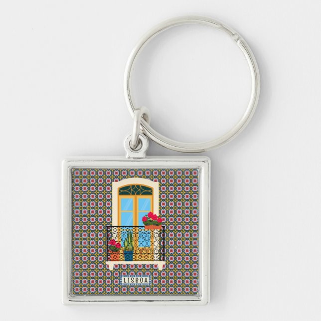 Lisbon house window with plants and tiles key ring (Front)