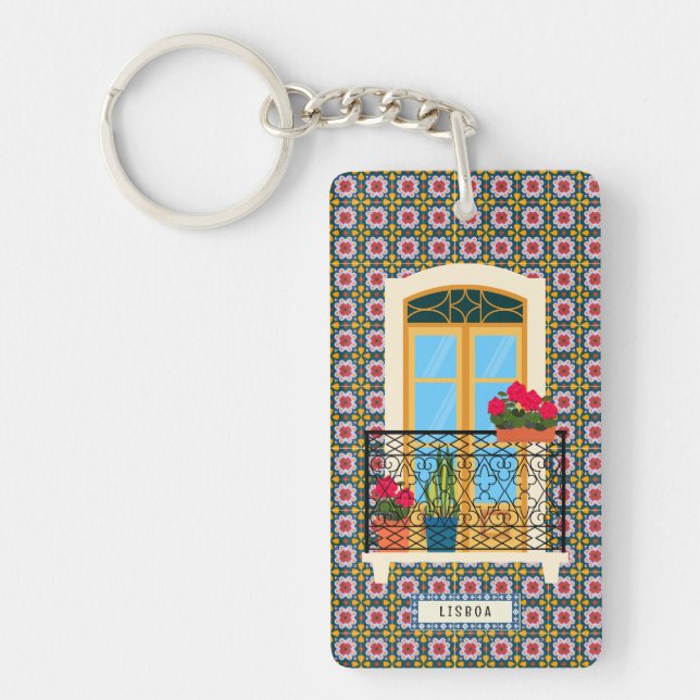 Lisbon house window with plants and tiles key ring (Front)