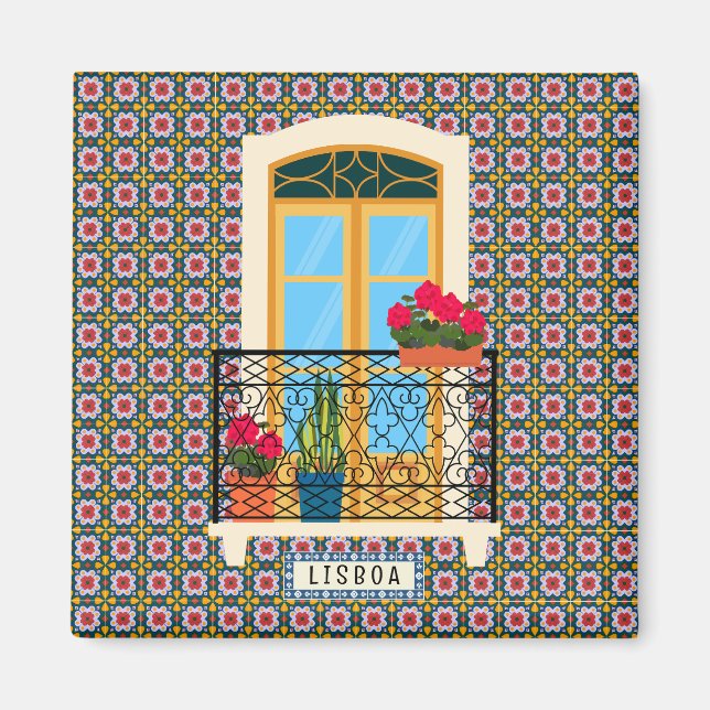 Lisbon house window with plants and tiles magnet (Front)