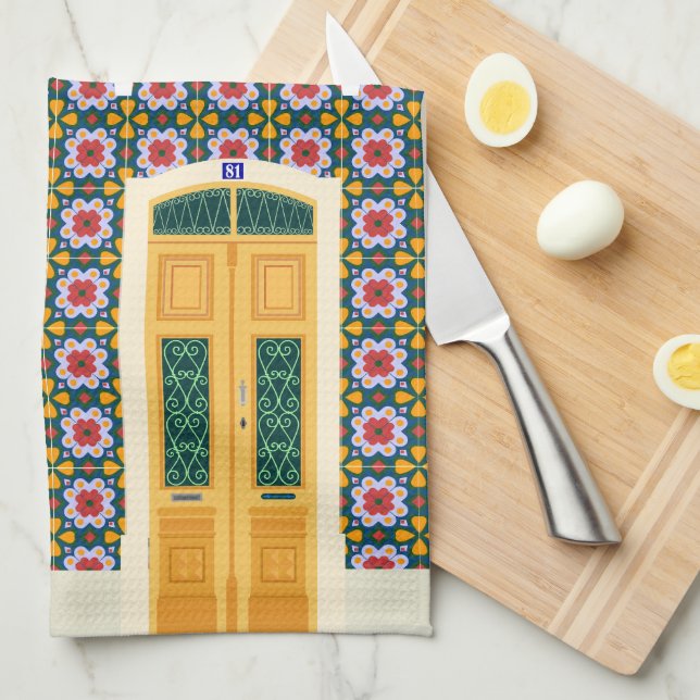 Lisbon house with tiles tea towel (Quarter Fold)