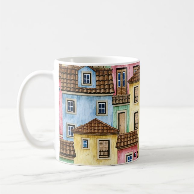 Lisbon Houses: Watercolor Funicular Pattern. Coffee Mug (Left)