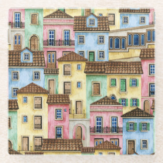 Lisbon Houses: Watercolor Funicular Pattern. Glass Coaster