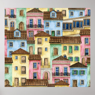 Lisbon Houses: Watercolor Funicular Pattern. Poster
