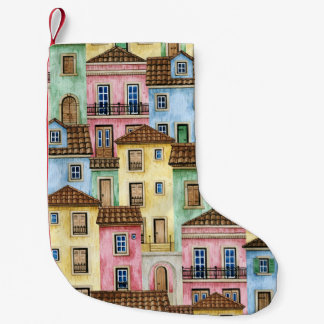 Lisbon Houses: Watercolor Funicular Pattern. Small Christmas Stocking