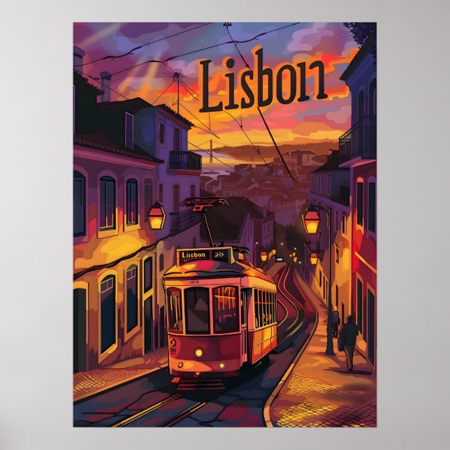Lisbon Lights: Sunset, Nightfall, and Tram Trails Poster (Front)