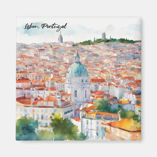 Lisbon Portgual Watercolor Panorama View City Magnet