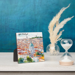 Lisbon Portgual Watercolor Panorama View City Plaque