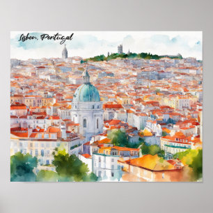 Lisbon Portgual Watercolor Panorama View City Poster