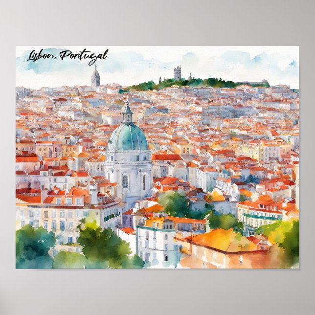 Lisbon Portgual Watercolor Panorama View City Poster (Front)