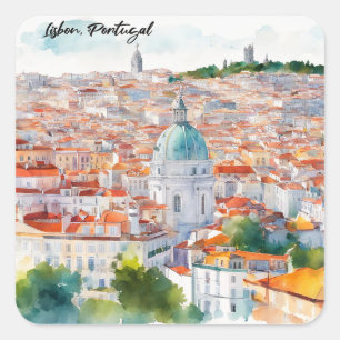 Lisbon Portgual Watercolor Panorama View City Square Sticker