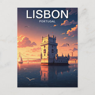 Lisbon Portugal Anime Style Belem Tower Travel Postcard