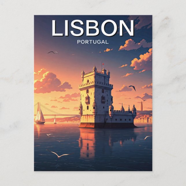 Lisbon Portugal Anime Style Belem Tower Travel Postcard (Front)